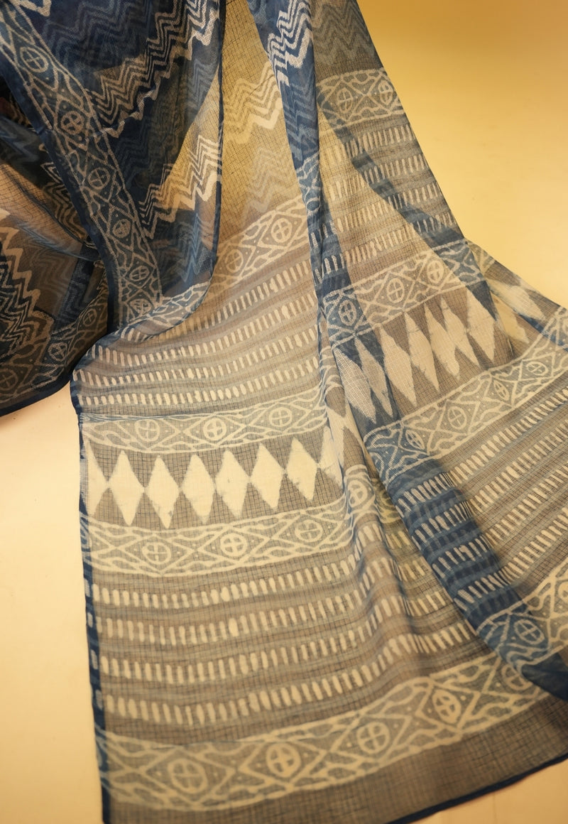 Blue Geometric Dabu Hand Block Print Kota Doria Saree