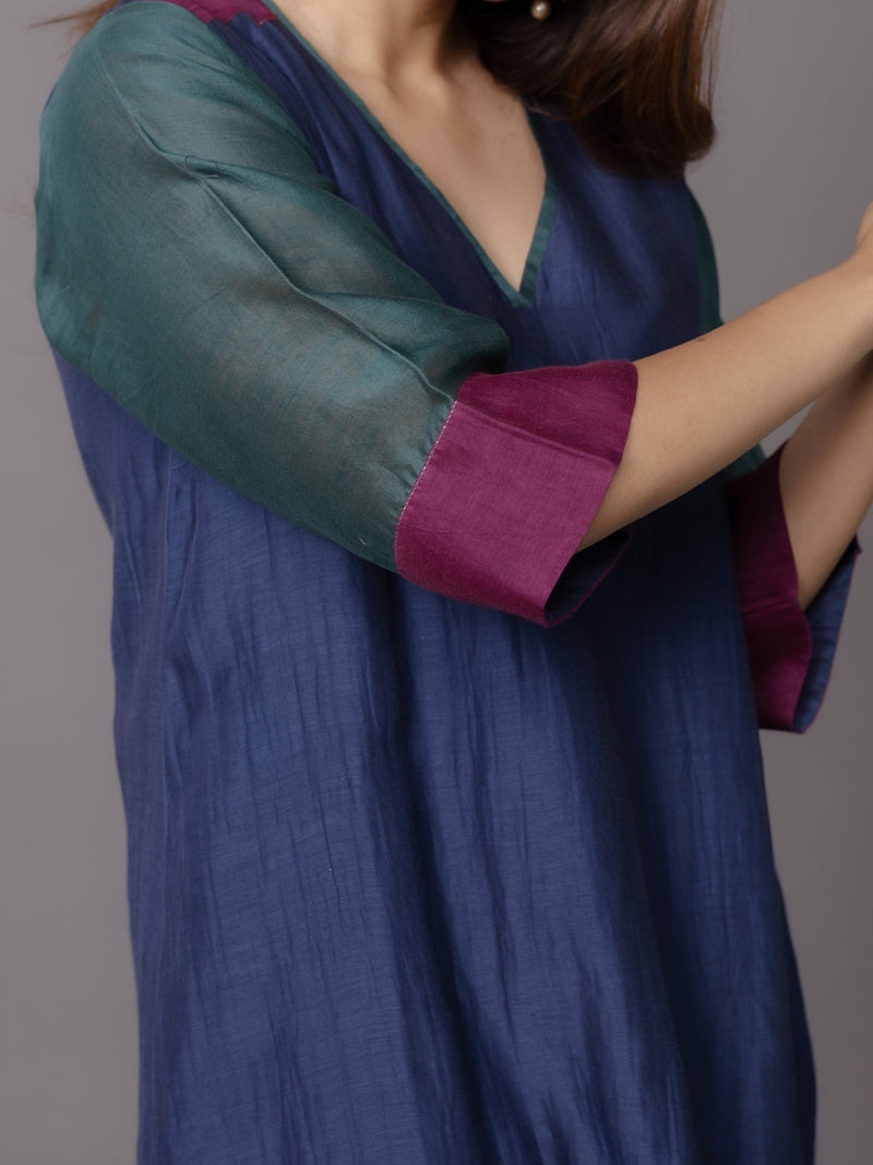 Divya Blue Solid Chanderi Silk Straight Kurta with Embroidery