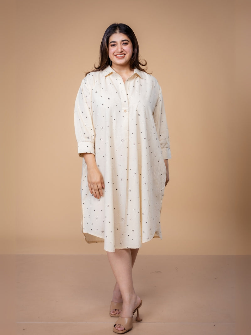 Ridah White Ajrakh Cotton A Line Dress