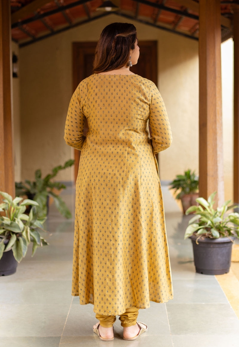 Akrita Mustard Ajrakh Chanderi Silk Kali Kurta with Hand Embroidery