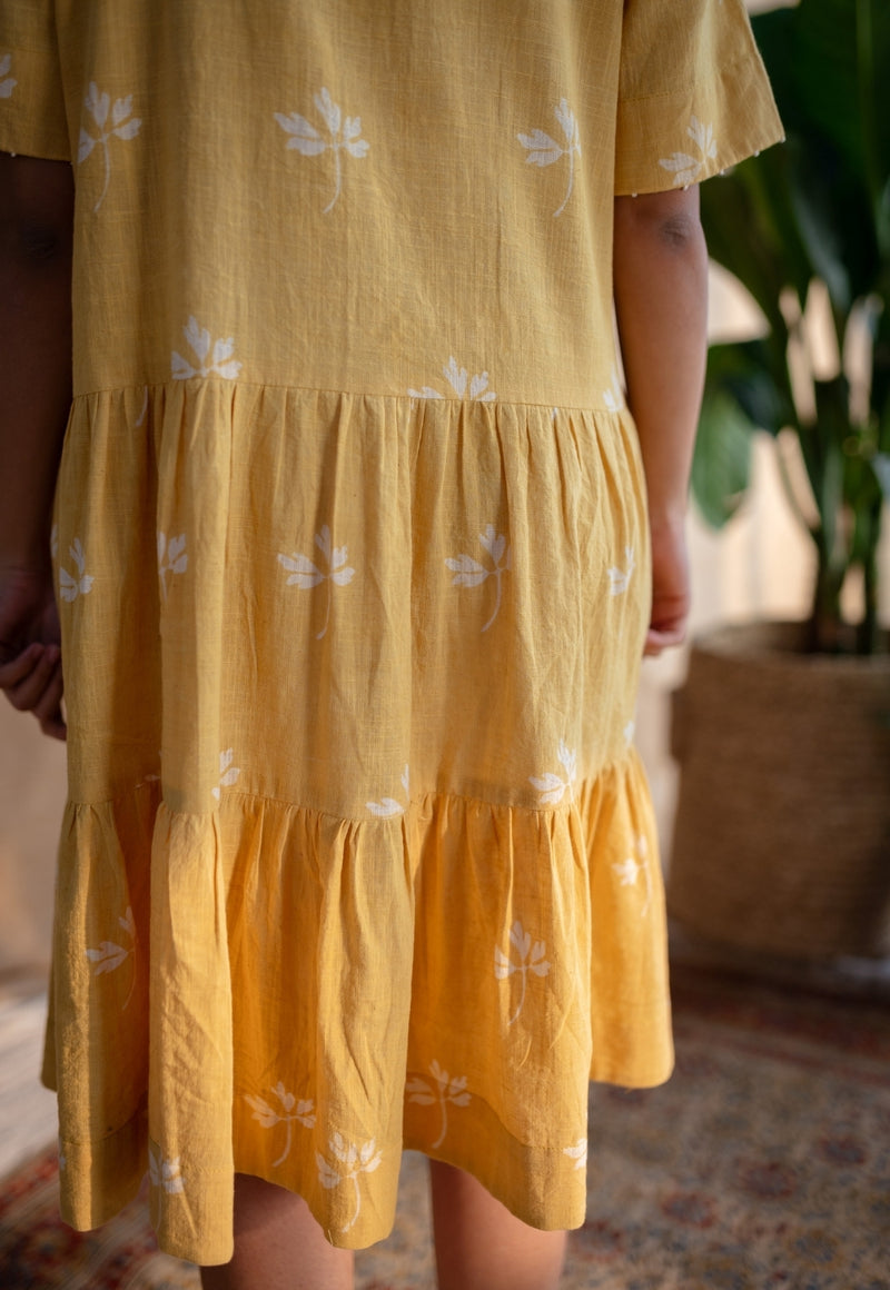 Zinat Yellow Dabu Slub Cotton A Line Dress with Embroidery