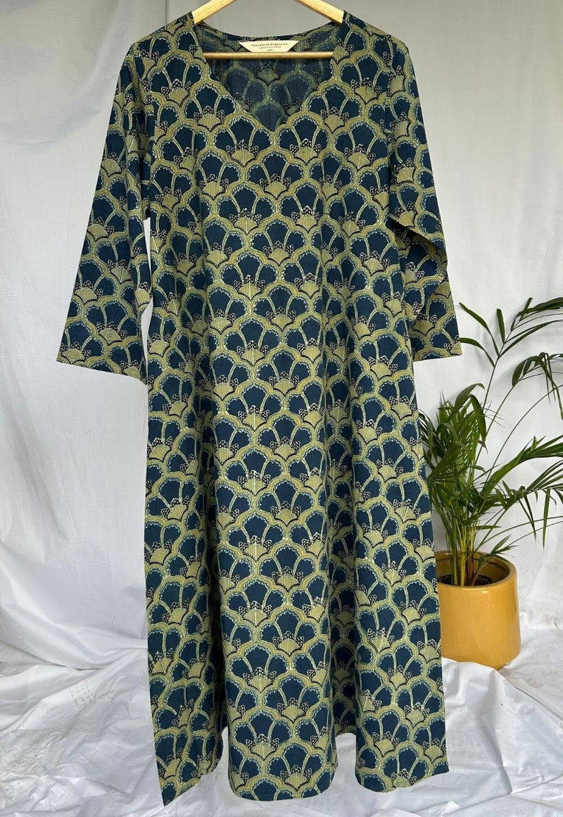 Anamika Navy Blue Ajrakh Cotton A Line Kurta