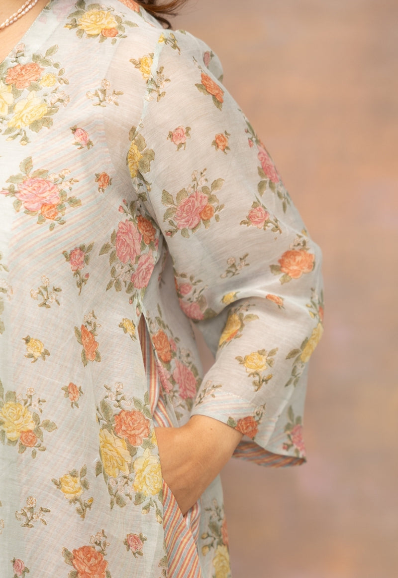 Rosalie Blue Sanganeri Chanderi Silk A Line Kurta with Hand Embroidery and Slip