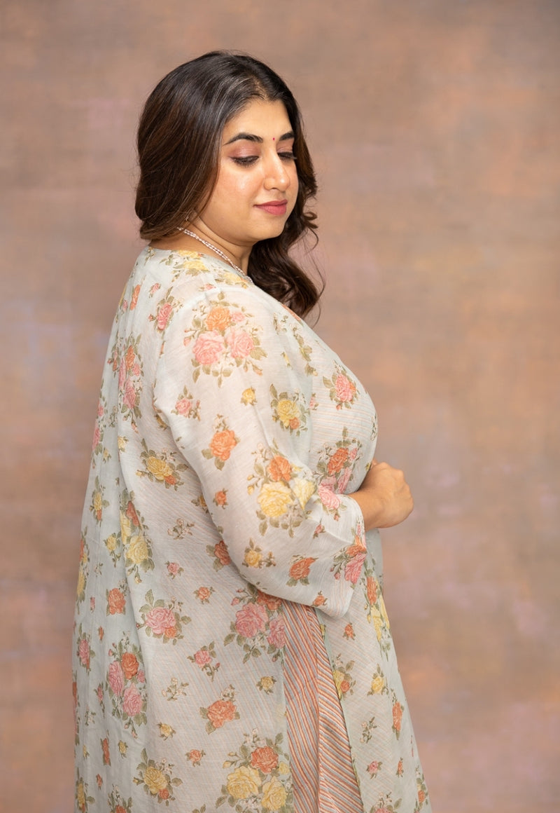 Rosalie Blue Sanganeri Chanderi Silk A Line Kurta with Hand Embroidery and Slip