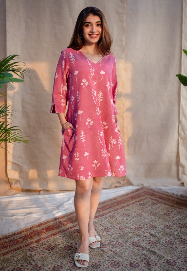 Amina Pink A Line Dabu Slub Cotton Dress with Hand Embroidery