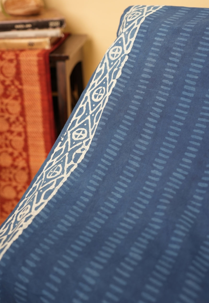 Blue Geometric Dabu Hand Block Print Kota Doria Saree