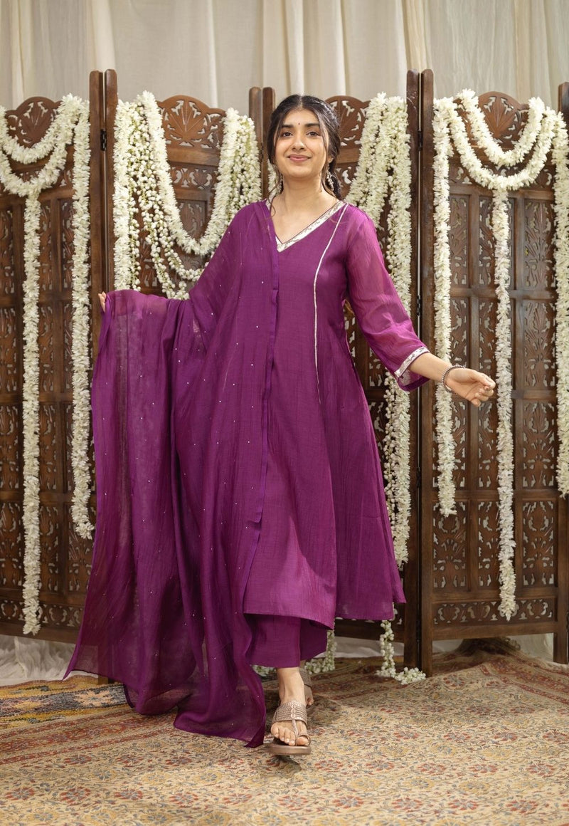 Nitara Purple Kali Chanderi Silk Gota Patti Kurta Set (Set of 3)