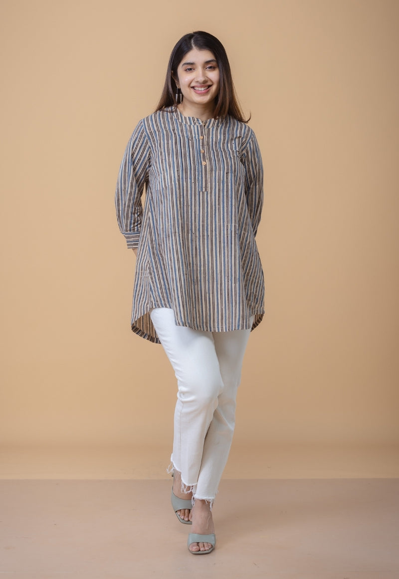 Daisy Beige Ajrakh Cotton Straight Short Top