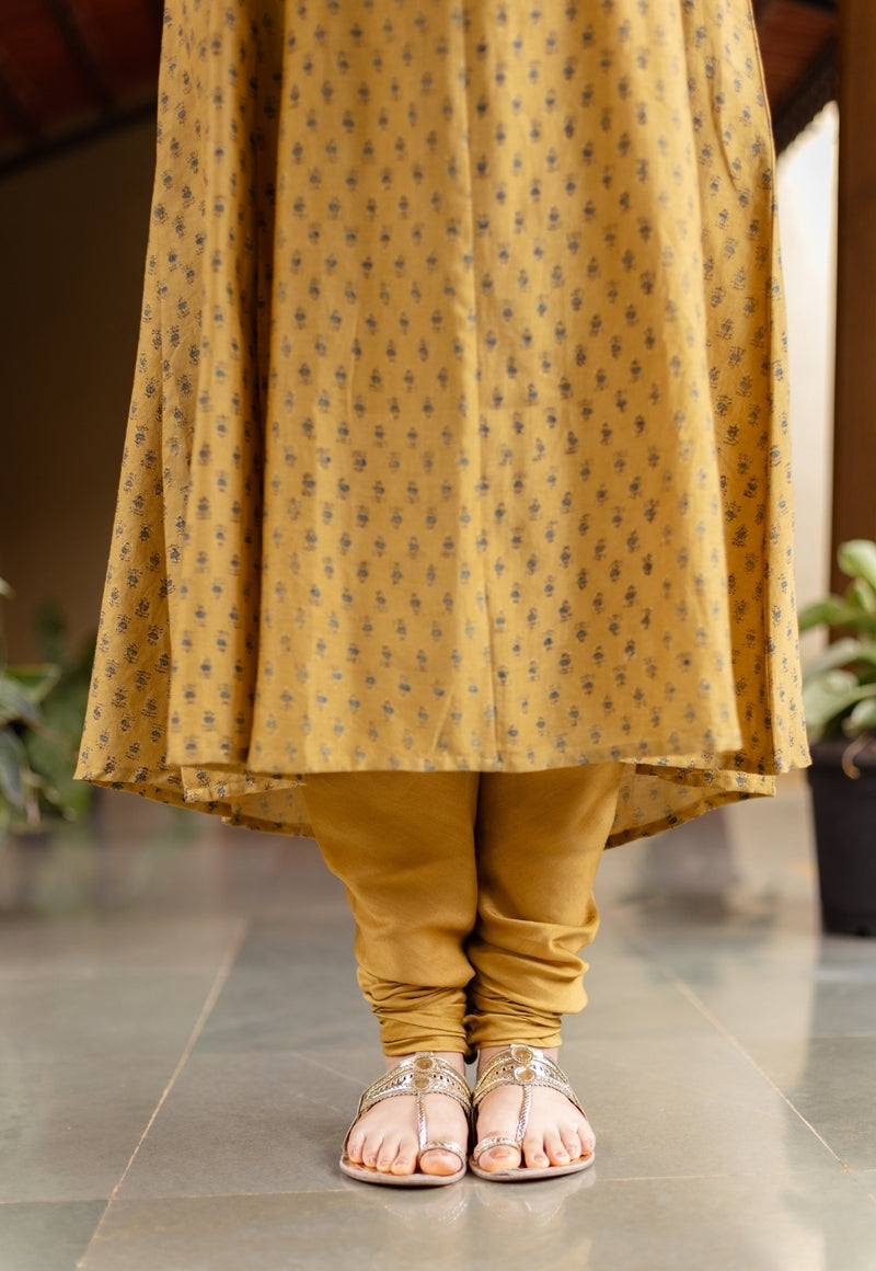 Akrita Mustard Ajrakh Chanderi Silk Kali Kurta with Hand Embroidery