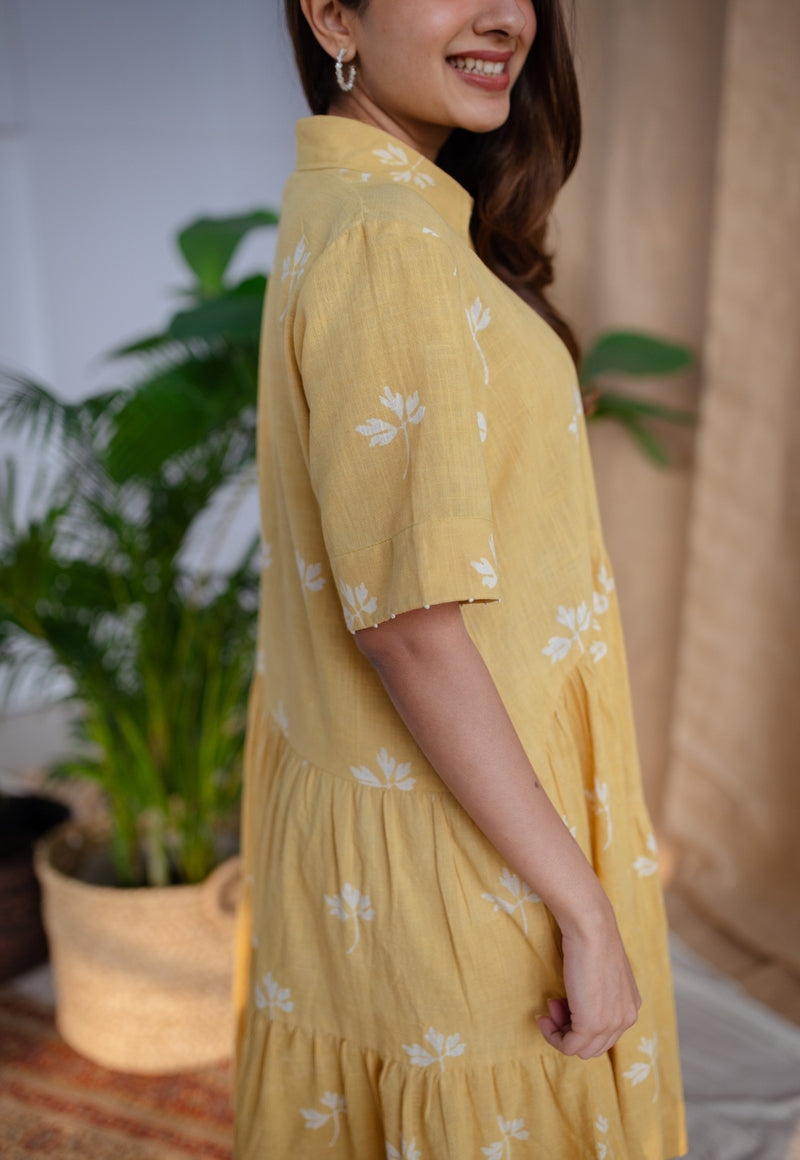 Zinat Yellow Dabu Slub Cotton A Line Dress with Embroidery