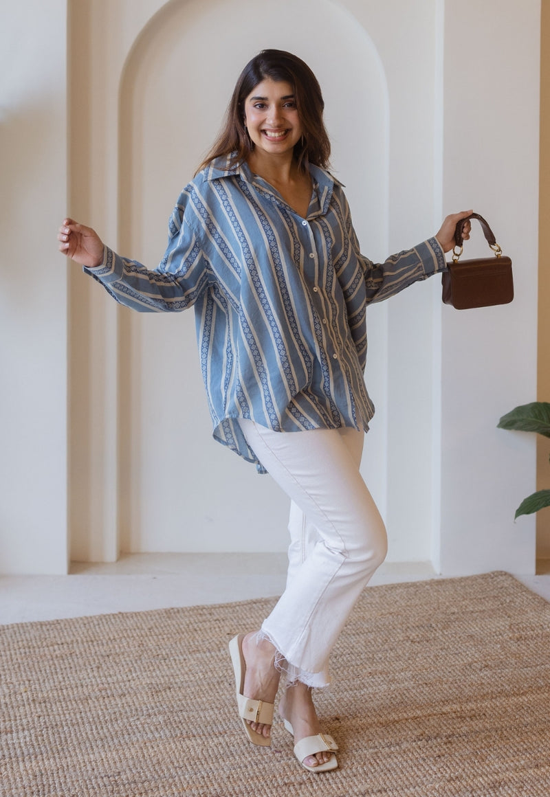 Ruhi Blue Ajrakh Cotton Anti-Fit Shirt