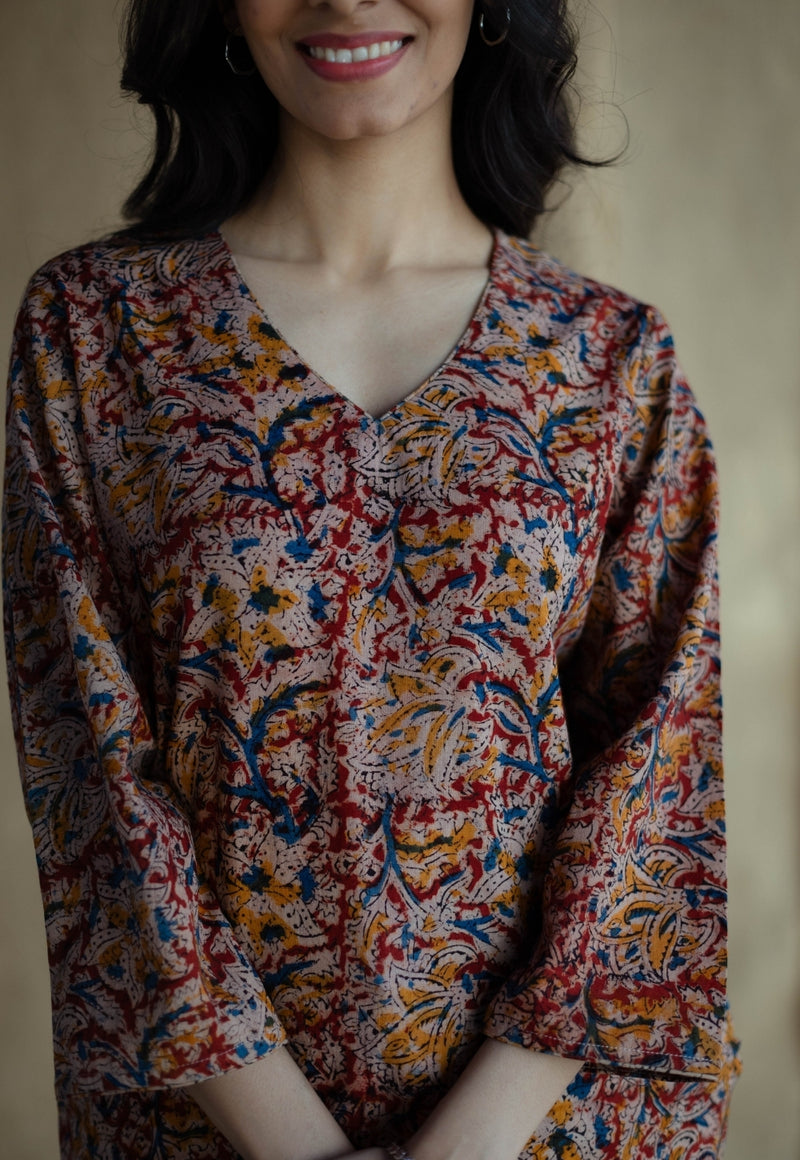 Sahar Brown Kalamkari Cotton Straight Short Top