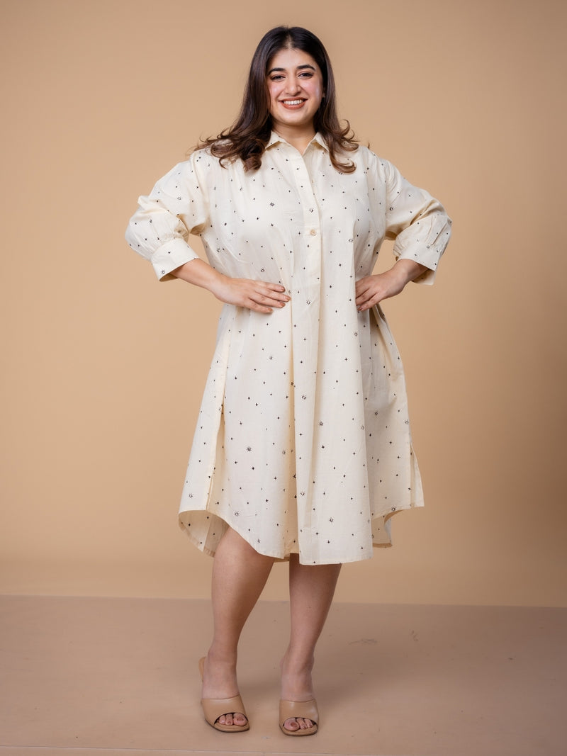 Ridah White Ajrakh Cotton A Line Dress