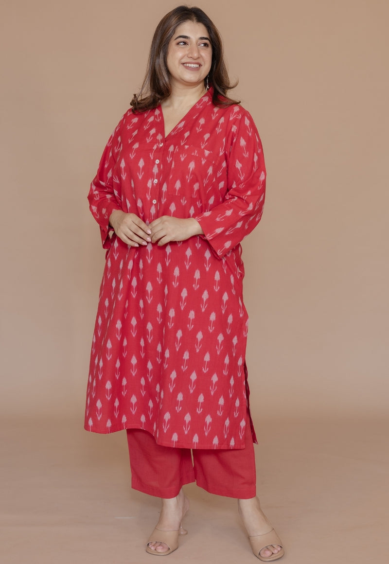 Rusha Red Handloom Ikkat Cotton Straight Kurta