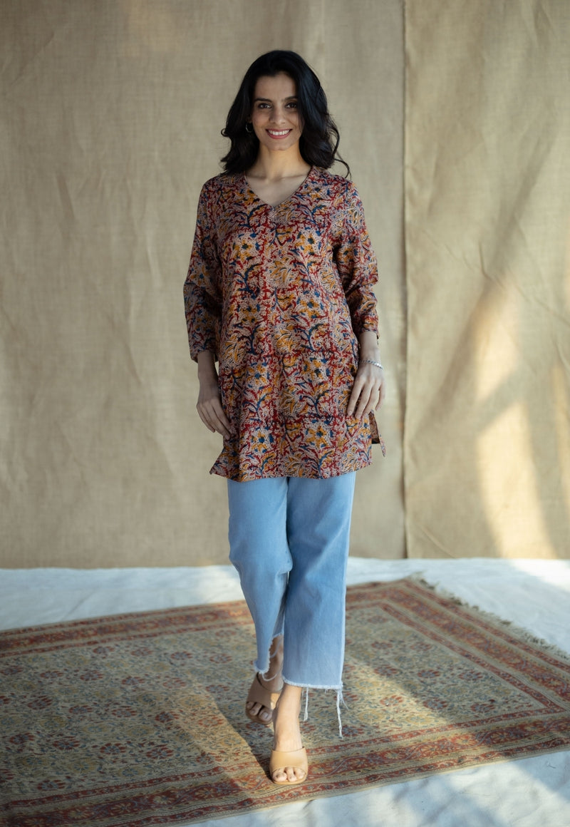 Sahar Brown Kalamkari Cotton Straight Short Top