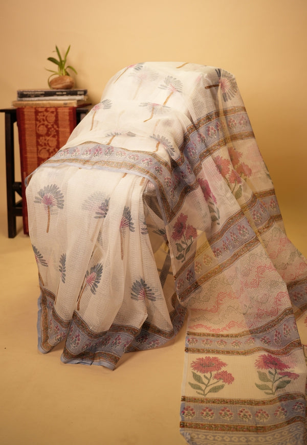 White Butta Sanganeri Hand Block Print Kota Doria Saree