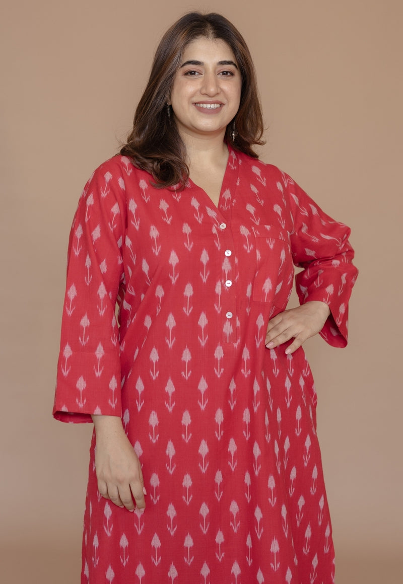 Rusha Red Handloom Ikkat Cotton Straight Kurta