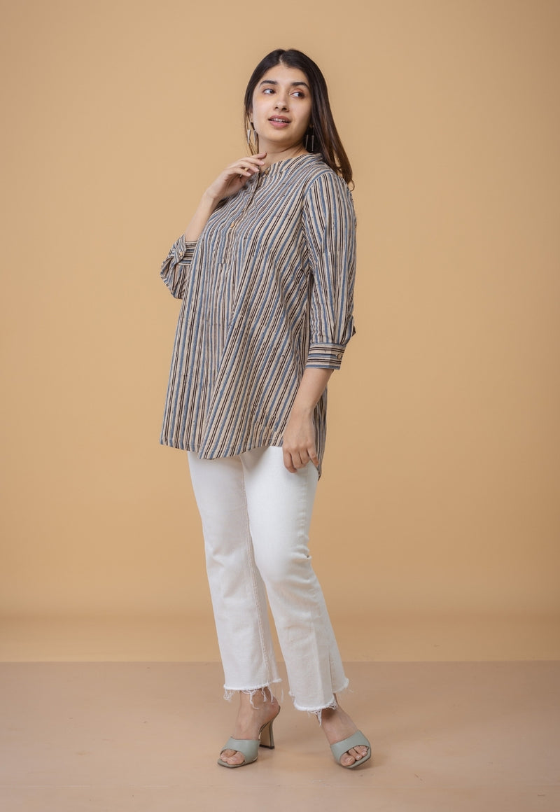 Daisy Beige Ajrakh Cotton Straight Short Top