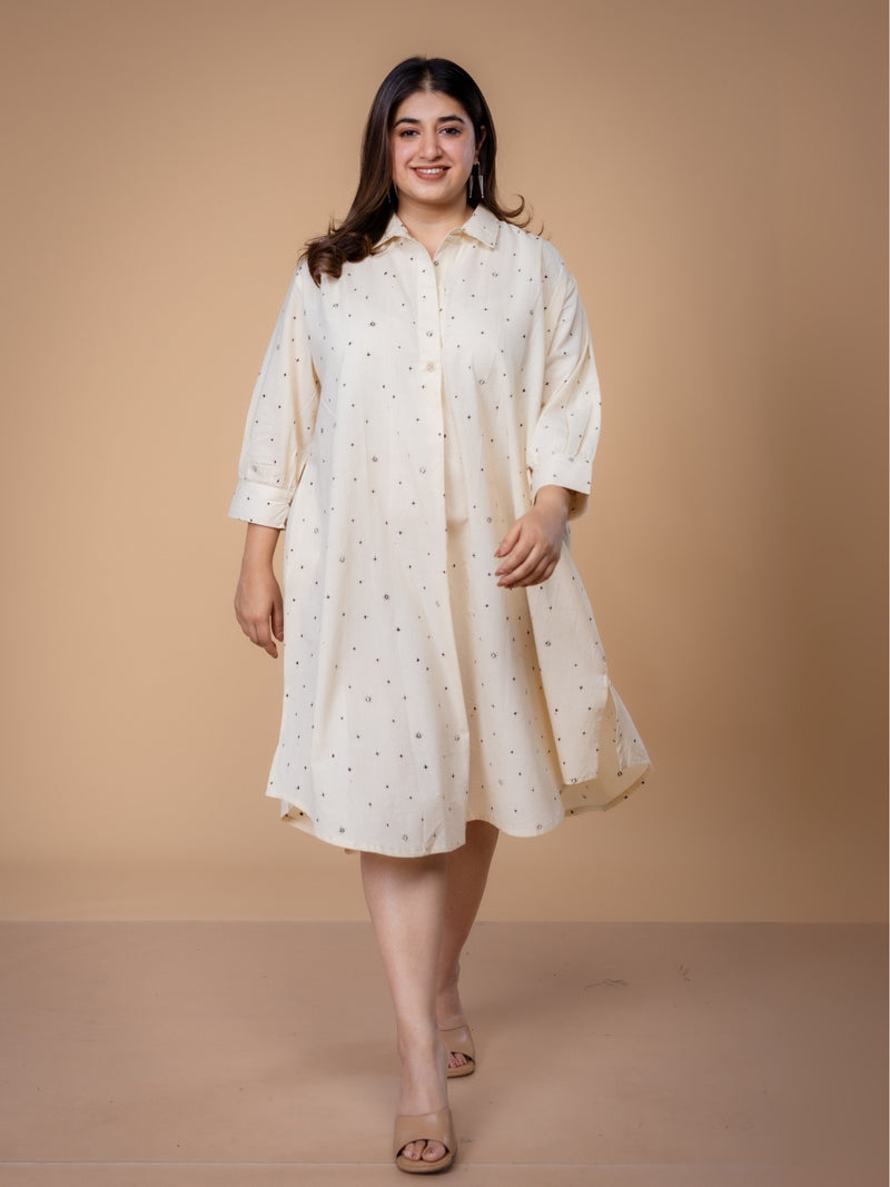 Ridah White Ajrakh Cotton A Line Dress
