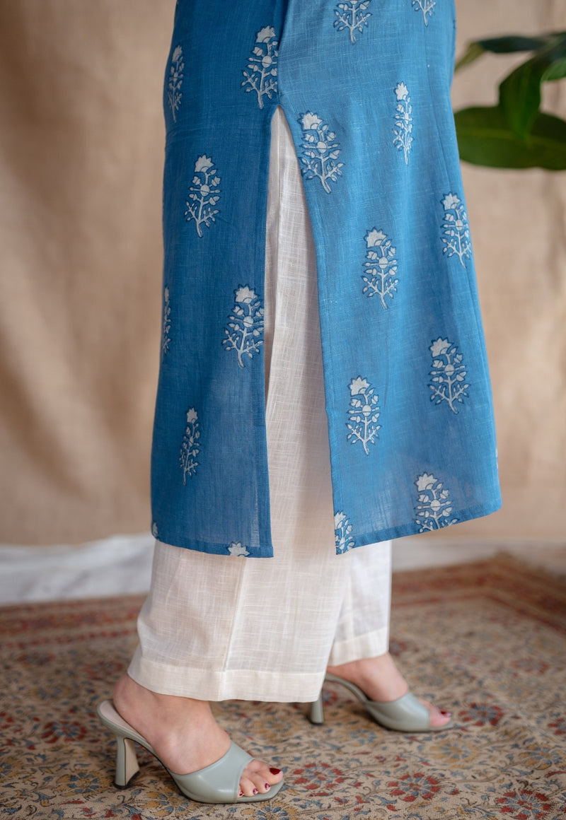 Yanha Indigo Dabu Slub Cotton Straight Kurta with Embroidery