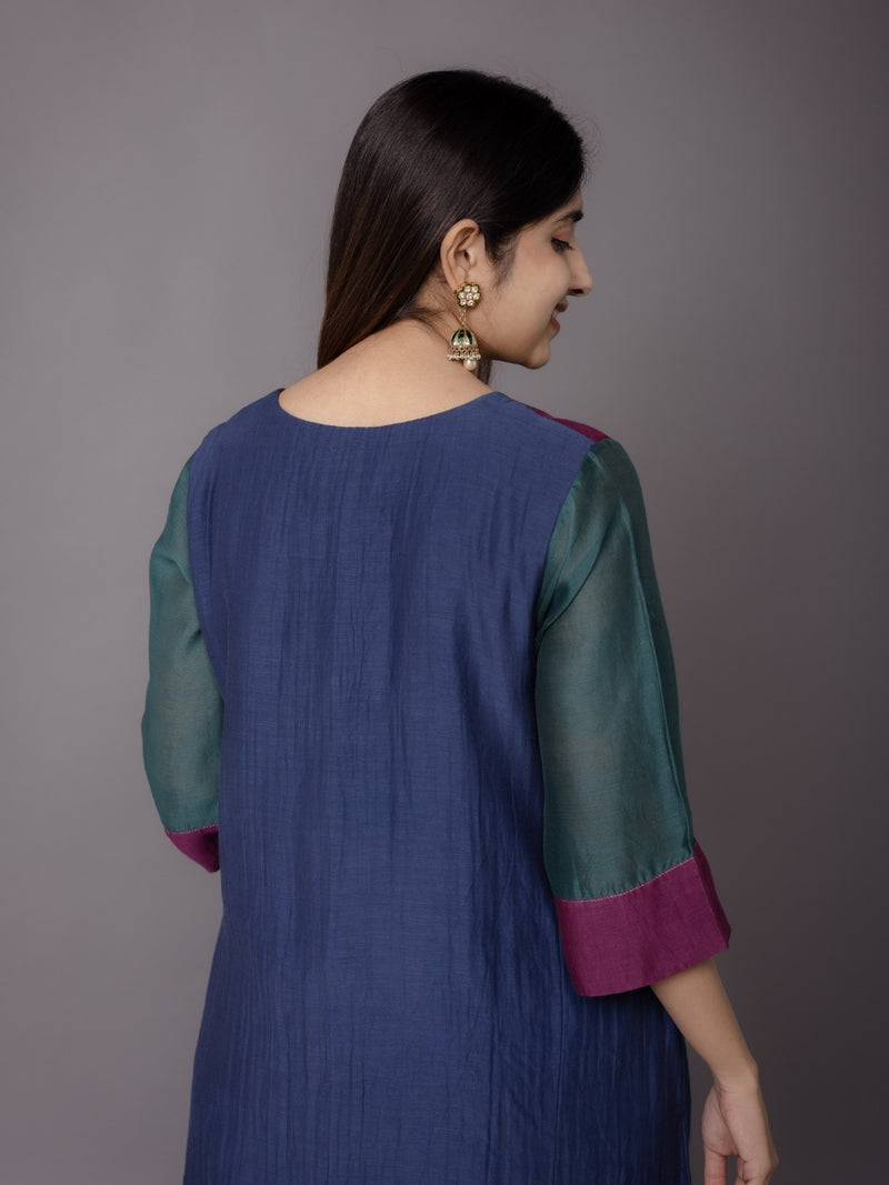 Divya Blue Solid Chanderi Silk Straight Kurta with Embroidery