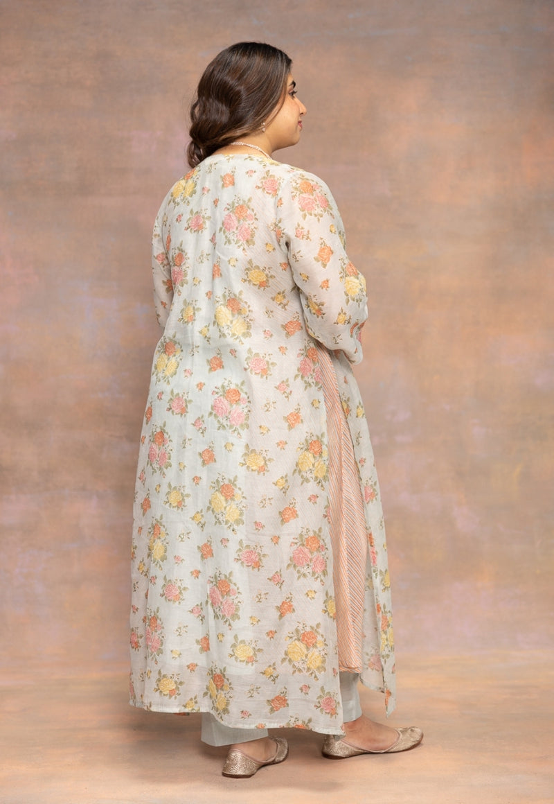 Rosalie Blue Sanganeri Chanderi Silk A Line Kurta with Hand Embroidery and Slip