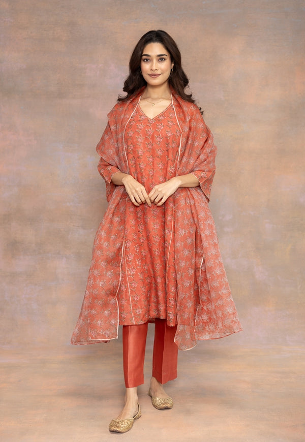 Rosa Orange Sanganeri Chanderi Silk Kali Kurta with Lace Detailing and Slip