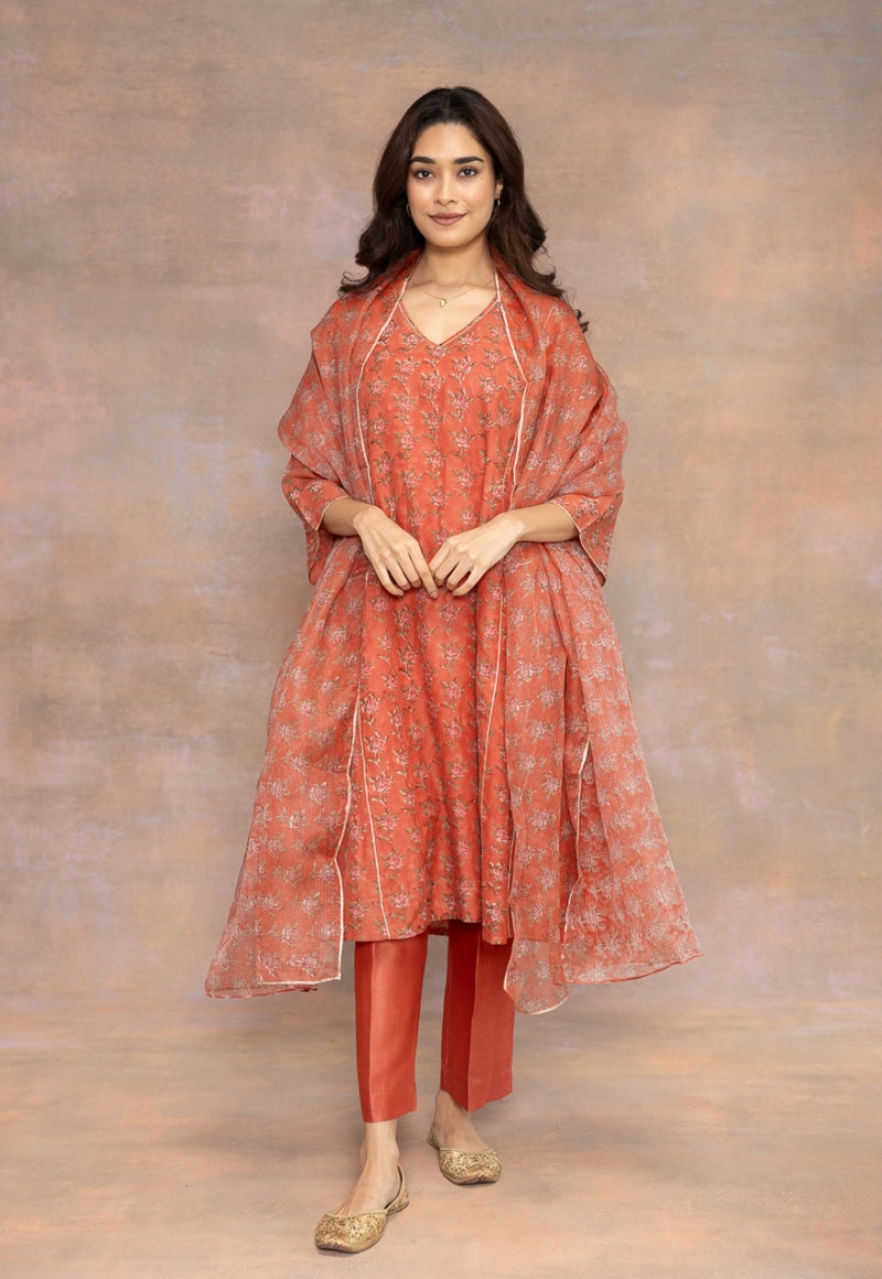 Rosa Orange Sanganeri Chanderi Silk Kali Kurta with Lace Detailing and Slip