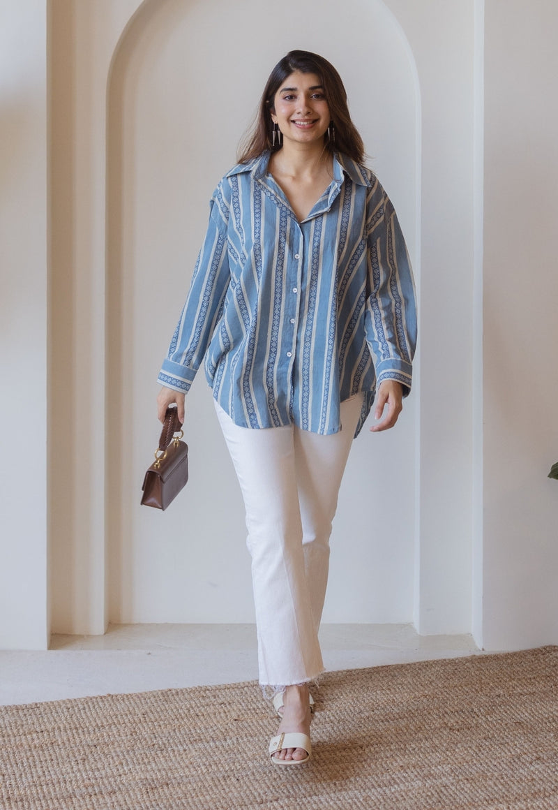 Ruhi Blue Ajrakh Cotton Anti-Fit Shirt