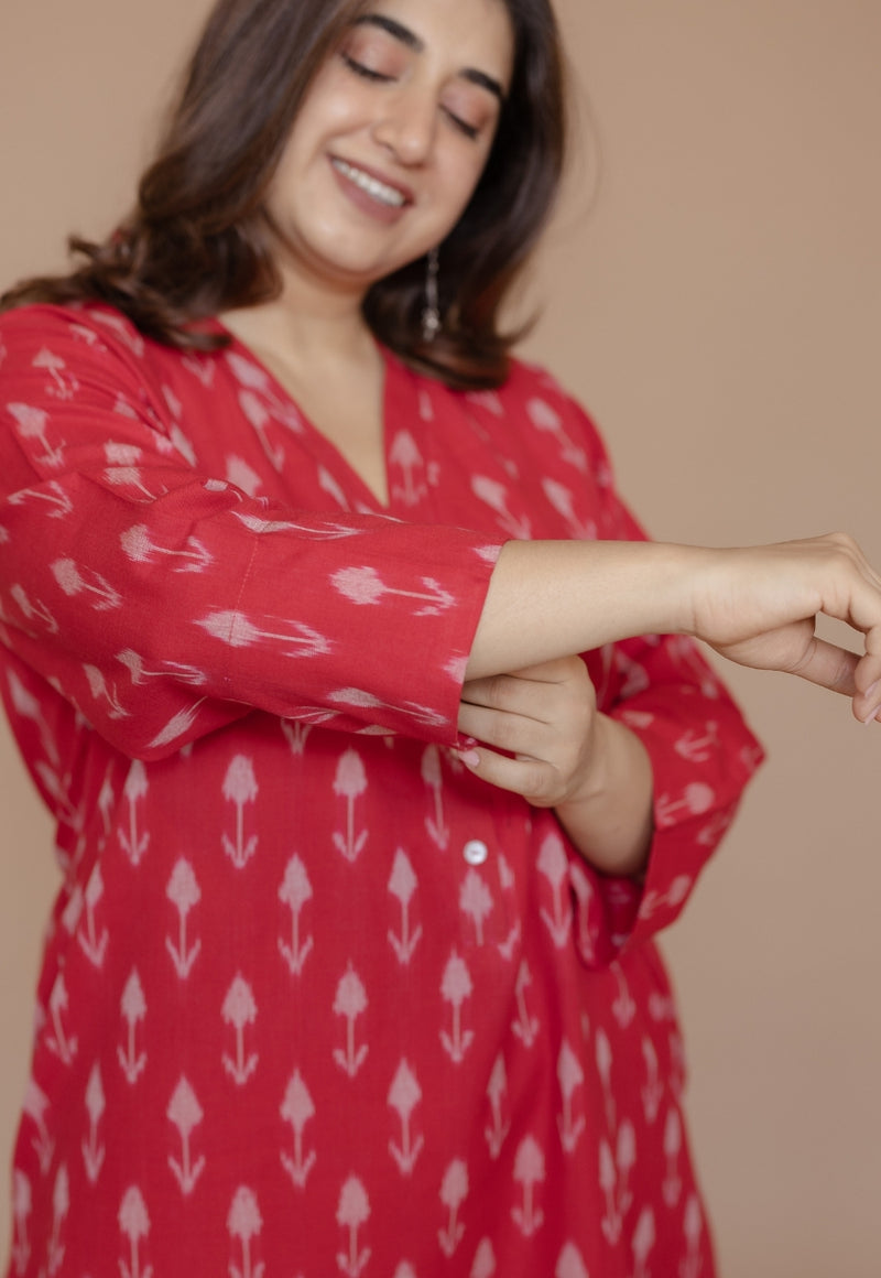 Rusha Red Handloom Ikkat Cotton Straight Kurta