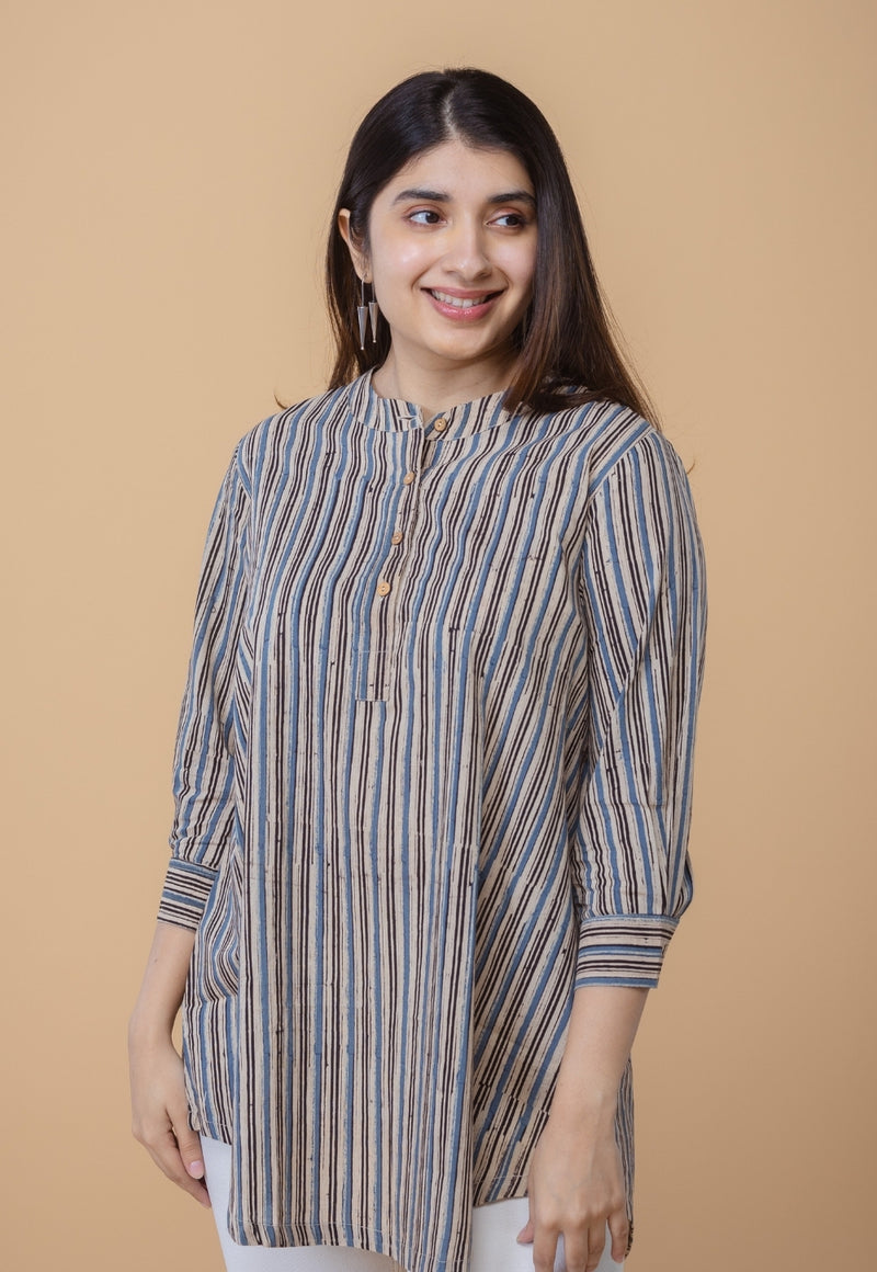 Daisy Beige Ajrakh Cotton Straight Short Top