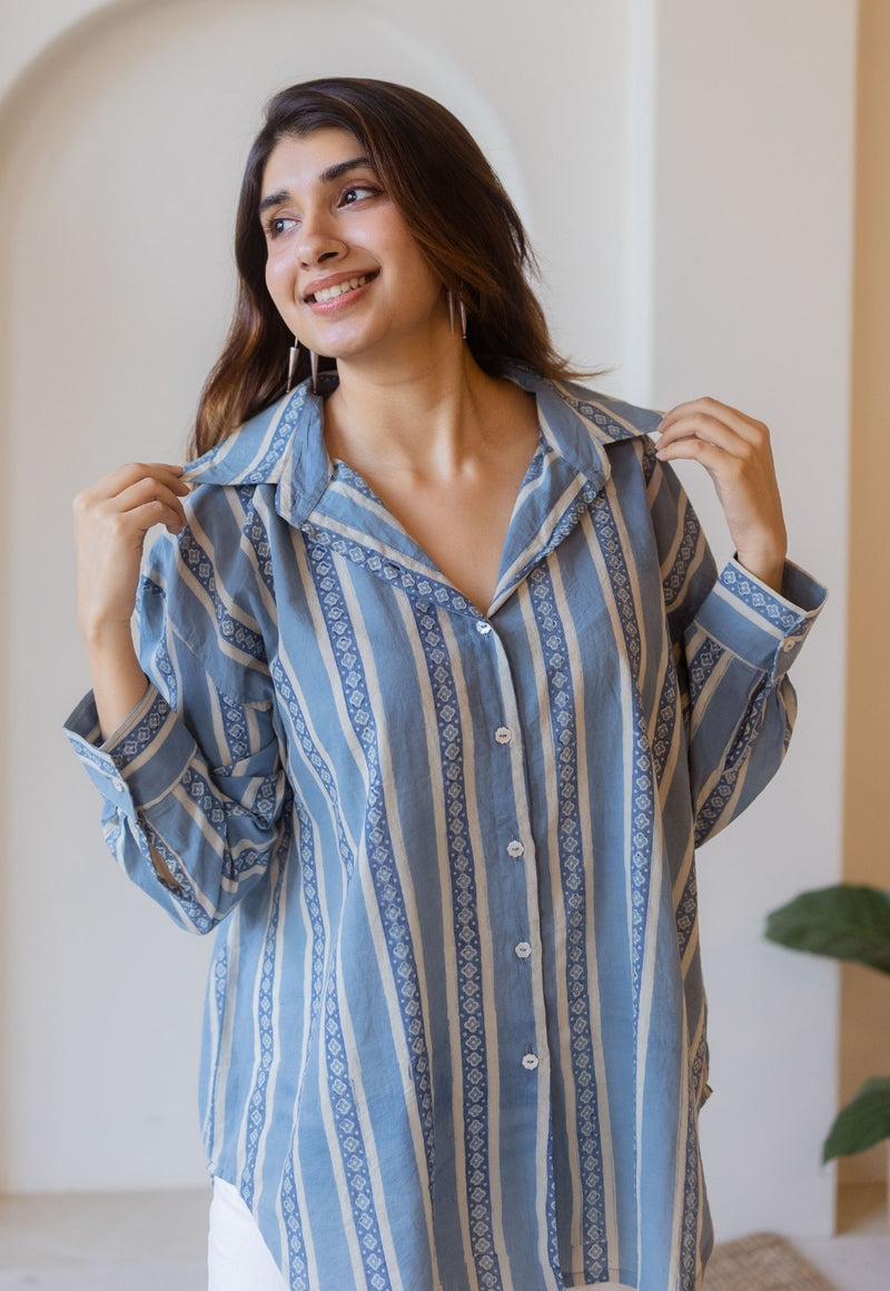 Ruhi Blue Ajrakh Cotton Anti-Fit Shirt