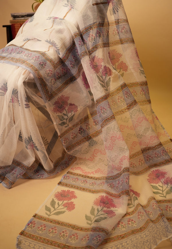 White Butta Sanganeri Hand Block Print Kota Doria Saree