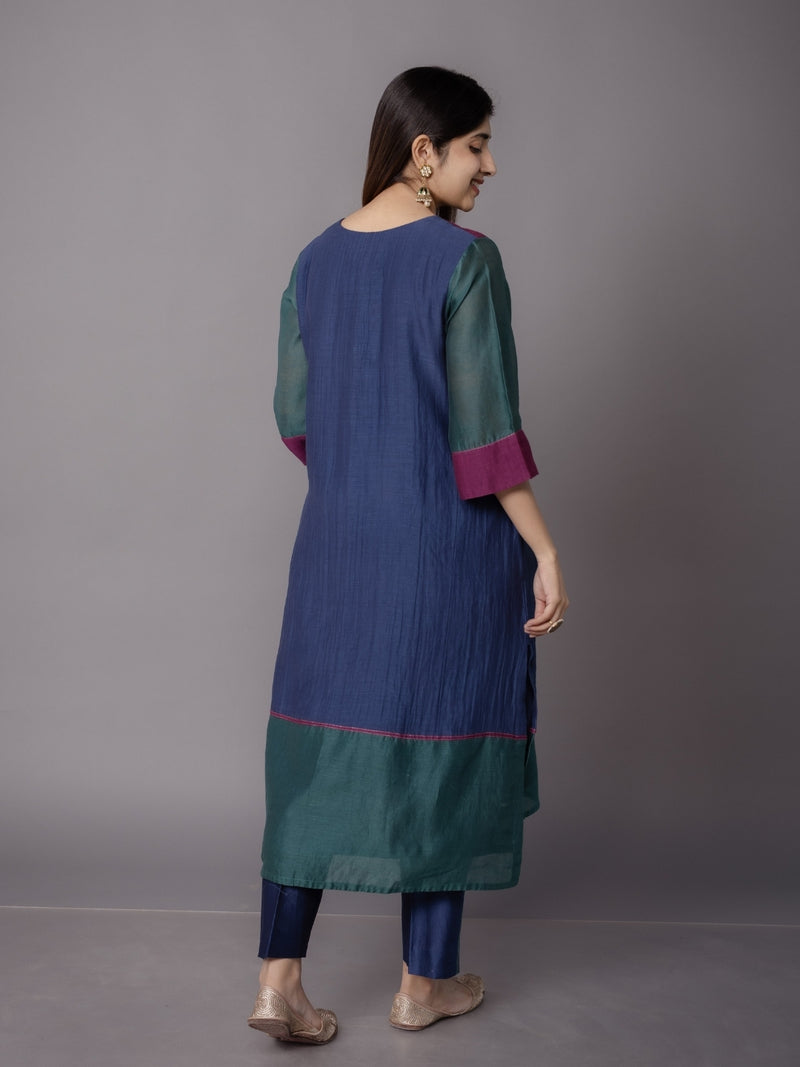 Divya Blue Solid Chanderi Silk Straight Kurta with Embroidery
