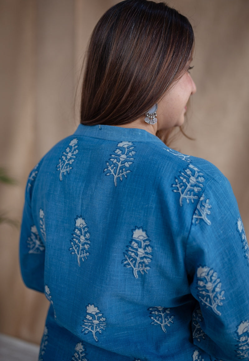 Yanha Indigo Dabu Slub Cotton Straight Kurta with Embroidery