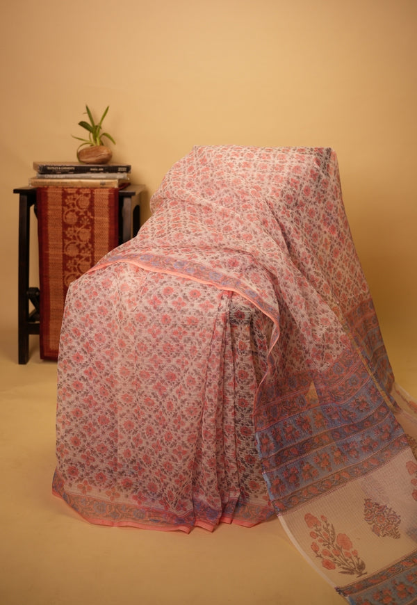 Pink Floral Sanganeri Hand Block Print Kota Doria Saree