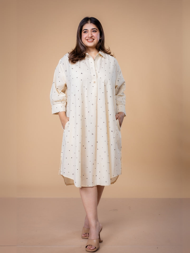 Ridah White Ajrakh Cotton A Line Dress