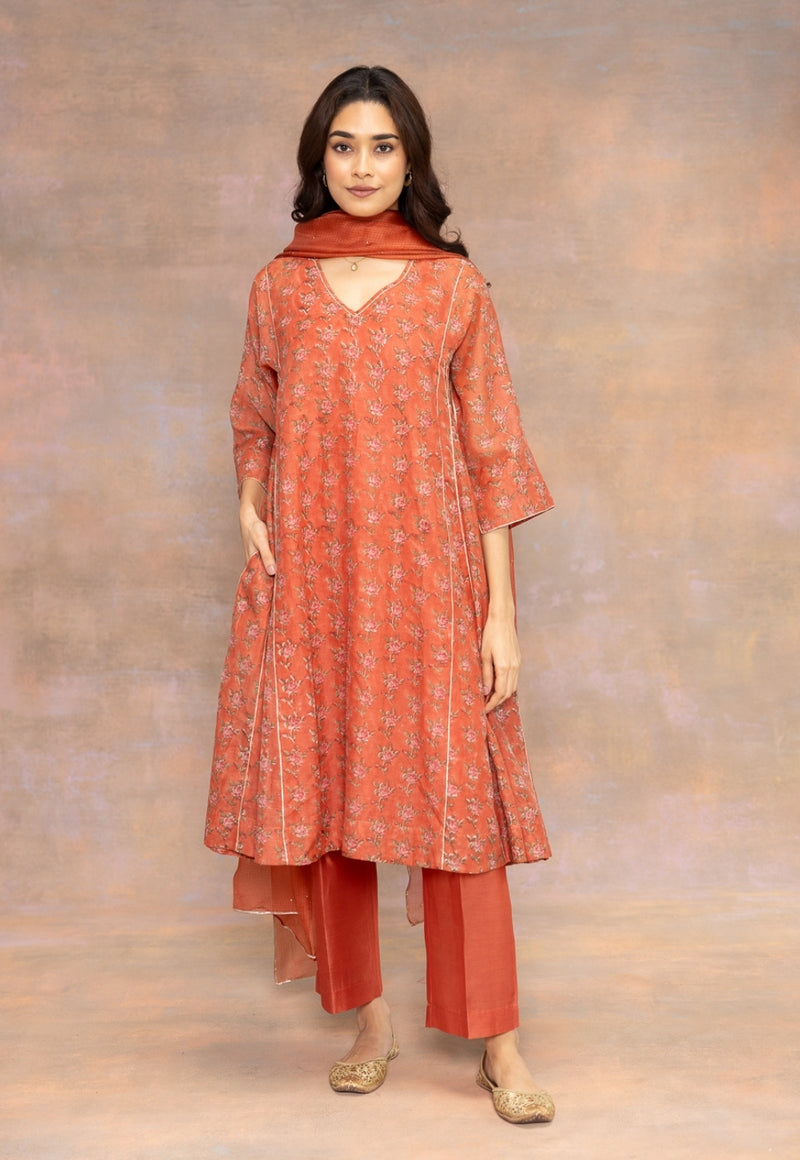 Rosa Orange Sanganeri Chanderi Silk Kali Kurta with Lace Detailing and Slip