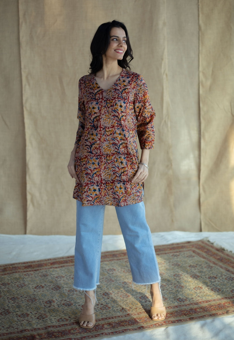 Sahar Brown Kalamkari Cotton Straight Short Top