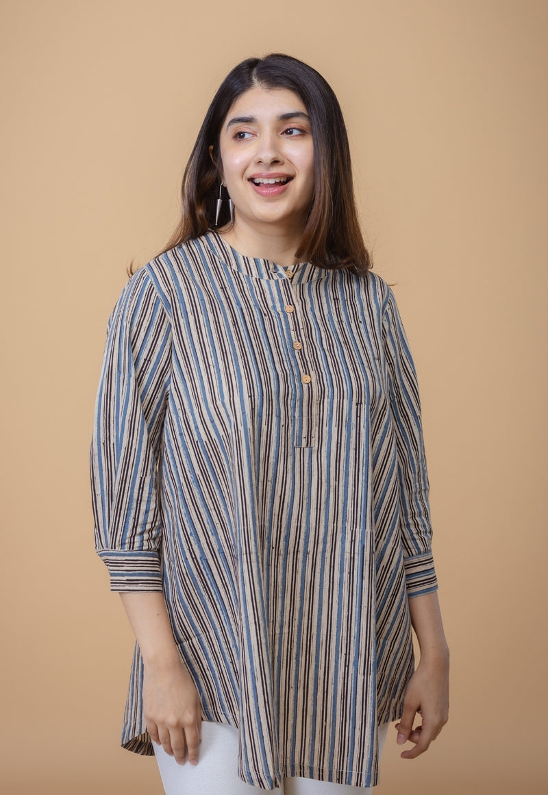 Daisy Beige Ajrakh Cotton Straight Short Top