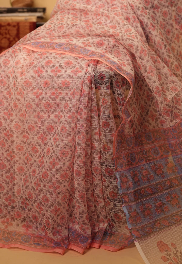 Pink Floral Sanganeri Hand Block Print Kota Doria Saree