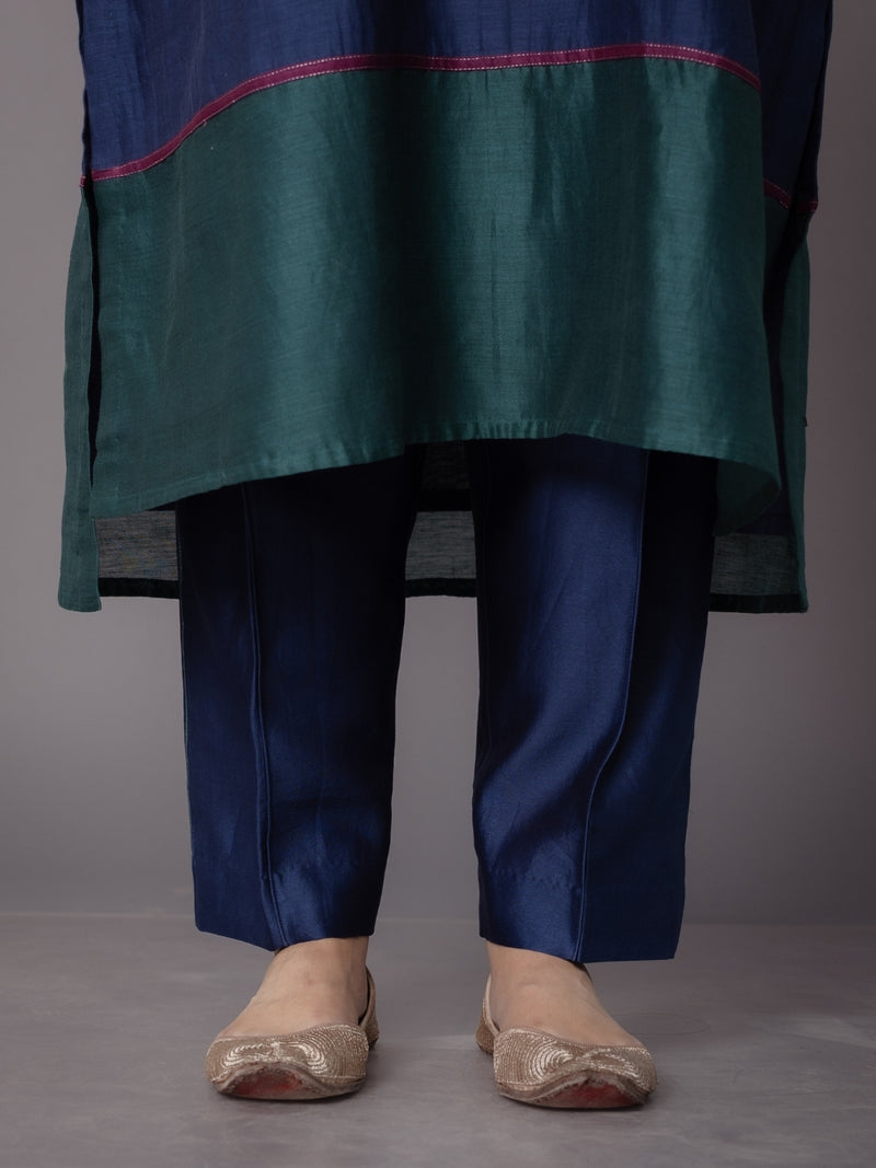 Riva Blue Solid Chanderi Silk Straight Pant with Embroidery