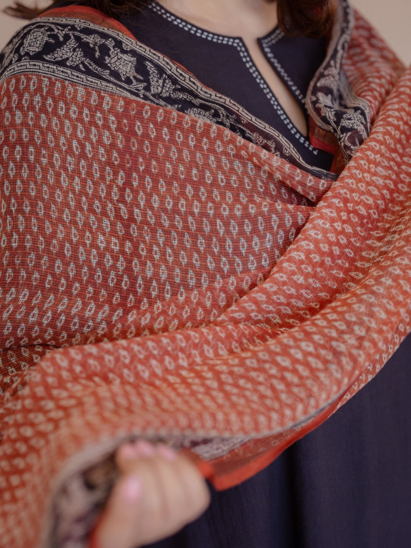 Red Butti Bagru Kota Doria Cotton Dupatta