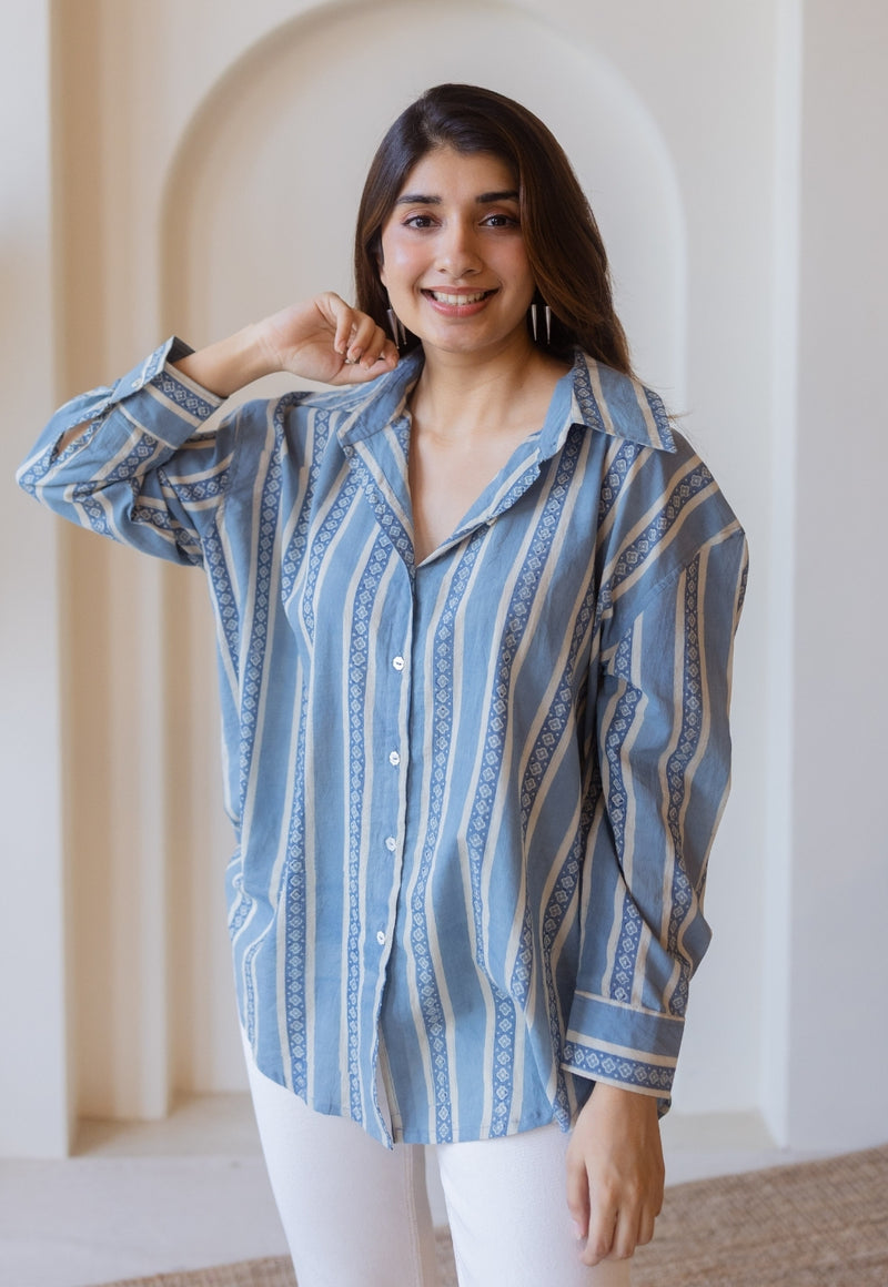 Ruhi Blue Ajrakh Cotton Anti-Fit Shirt