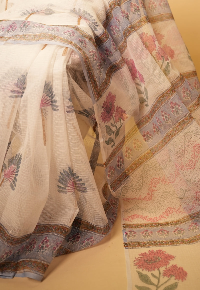 White Butta Sanganeri Hand Block Print Kota Doria Saree