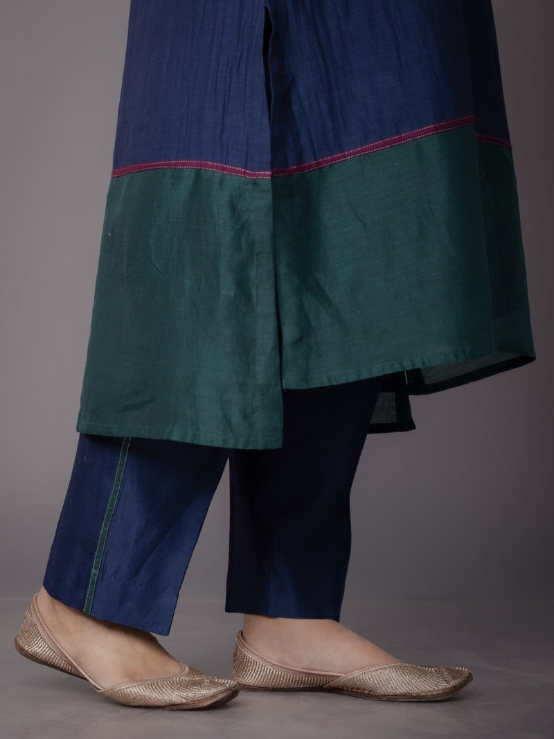 Riva Blue Solid Chanderi Silk Straight Pant with Embroidery