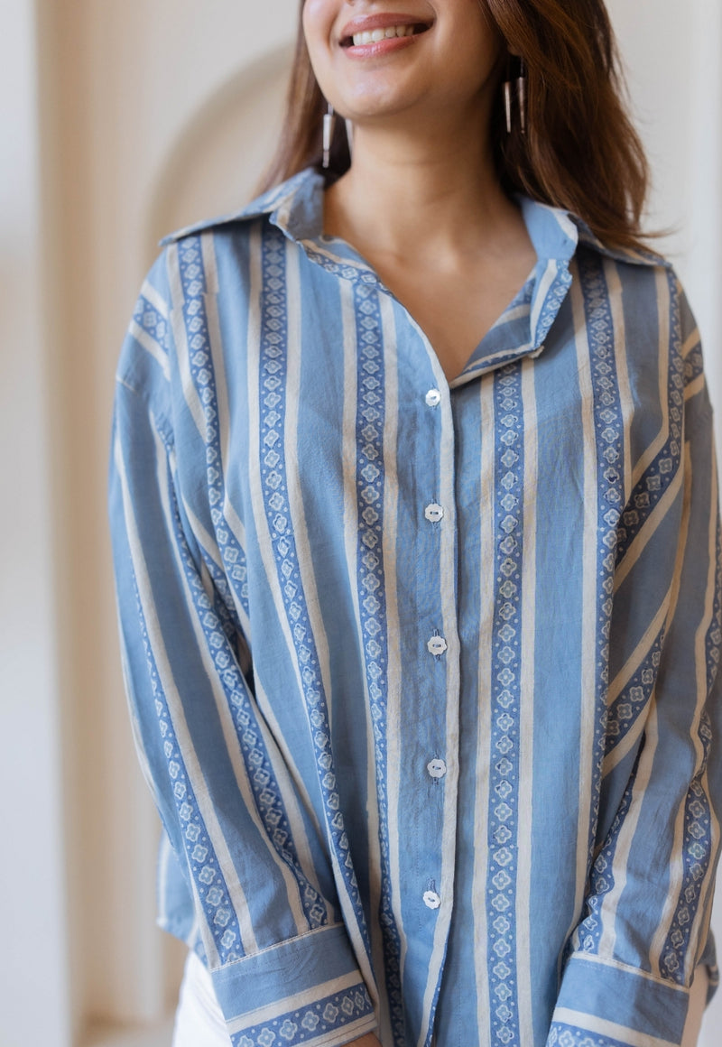 Ruhi Blue Ajrakh Cotton Anti-Fit Shirt