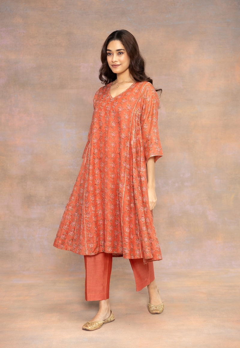Rosa Orange Sanganeri Chanderi Silk Kali Kurta with Lace Detailing and Slip