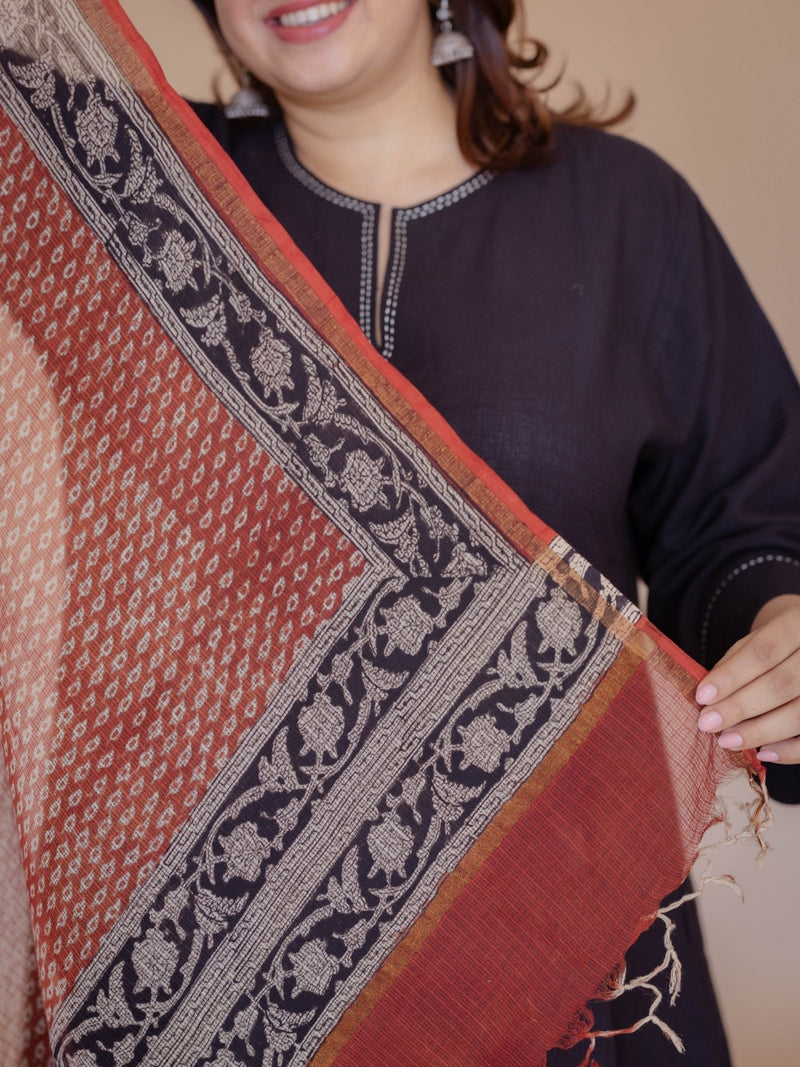 Red Butti Bagru Kota Doria Cotton Dupatta
