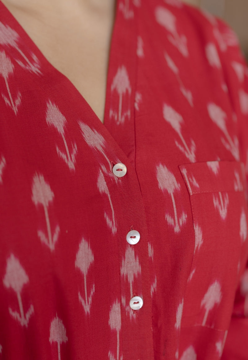 Rusha Red Handloom Ikkat Cotton Straight Kurta